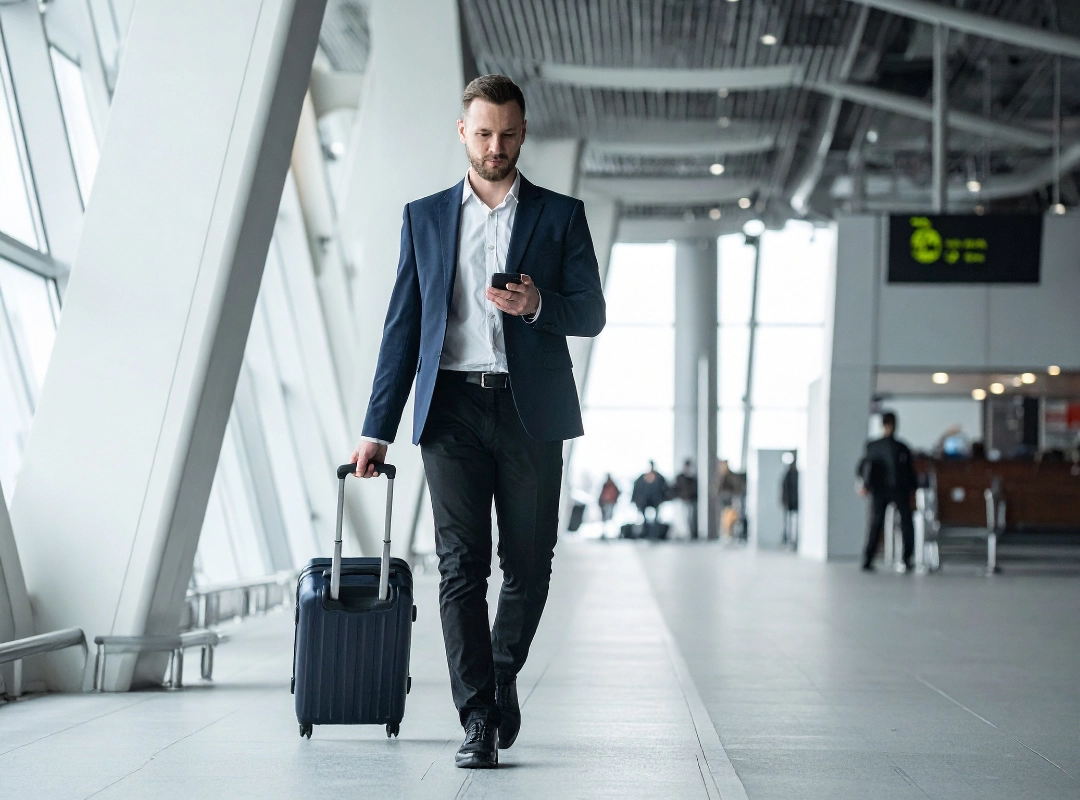 Geschäftsreisender mit Koffer im Flughafenterminal nutzt Airport Taxi Hannover für einen zuverlässigen Flughafentransfer